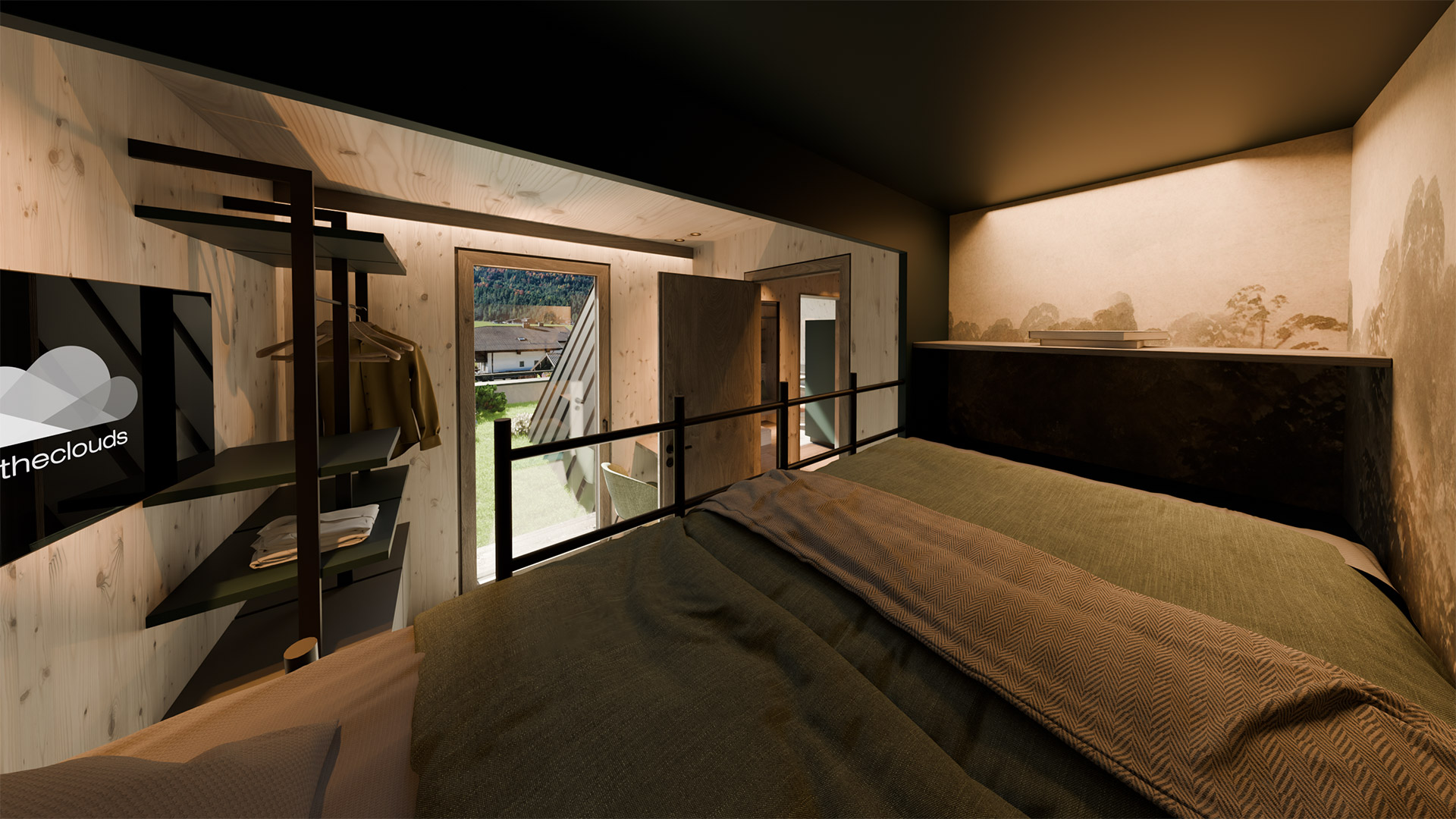 Offene Galerie mit Doppelbett, Blick in den Wohnraum und warmem Holzinterieur im Fischerwirt Achensee.
