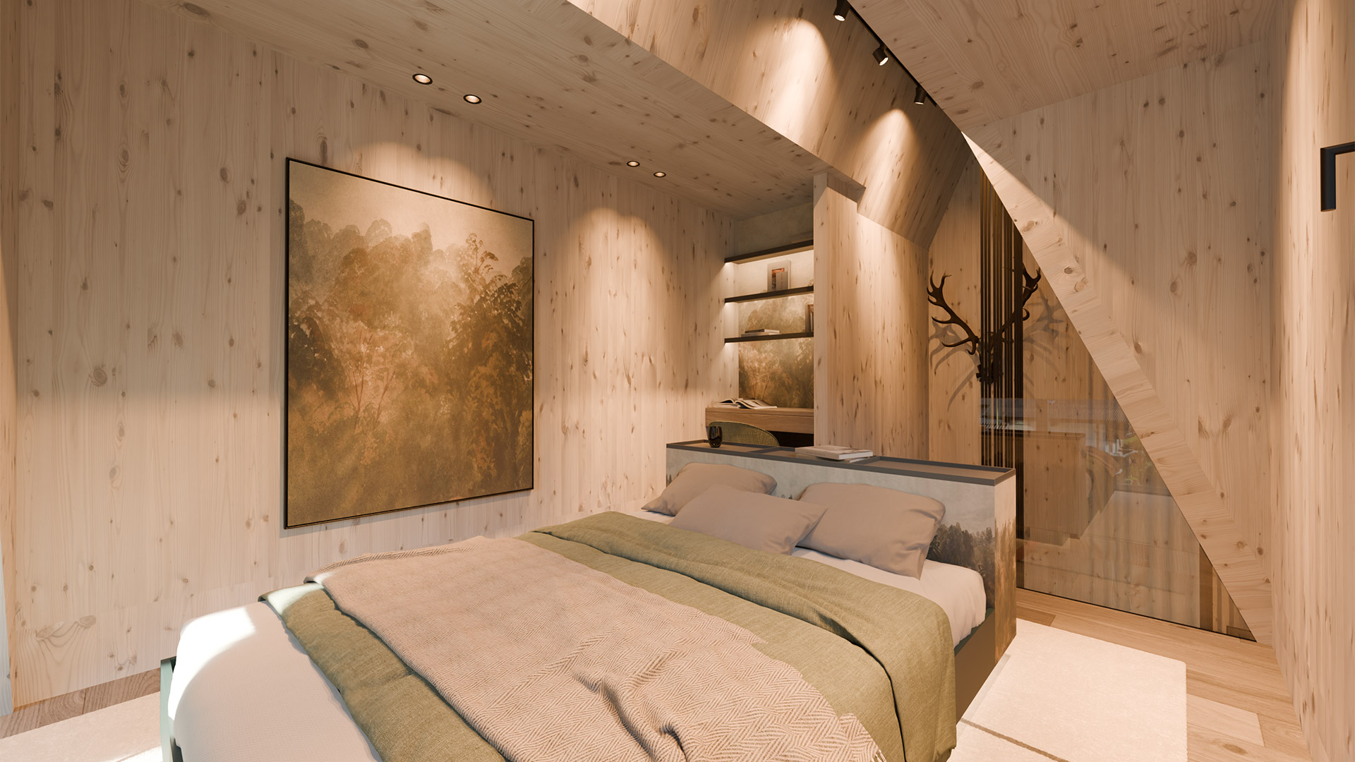 Stilvolles Schlafzimmer mit Doppelbett, warmen Holzelementen und Naturmotiv im Fischerwirt Achensee.