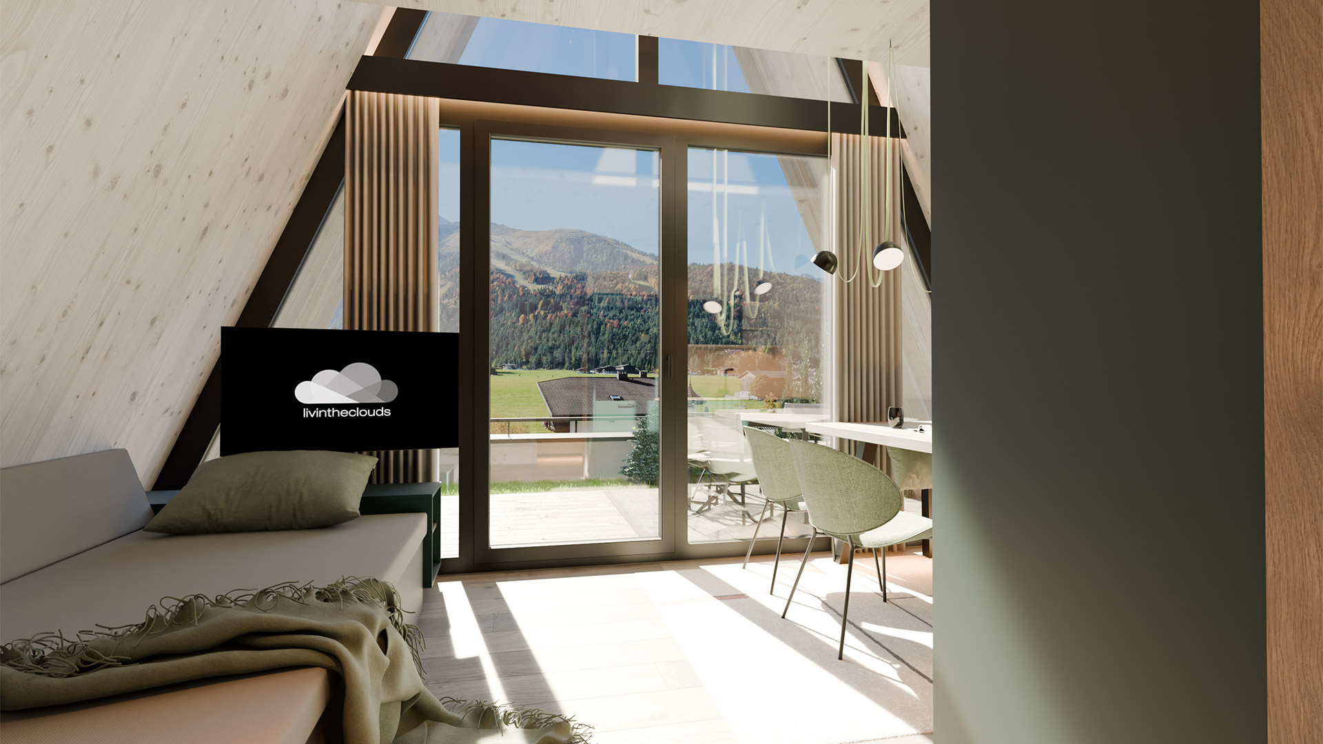 Wohnbereich mit großer Glasfront und Panoramablick auf die Berge am Achensee, modernes alpines Design.
