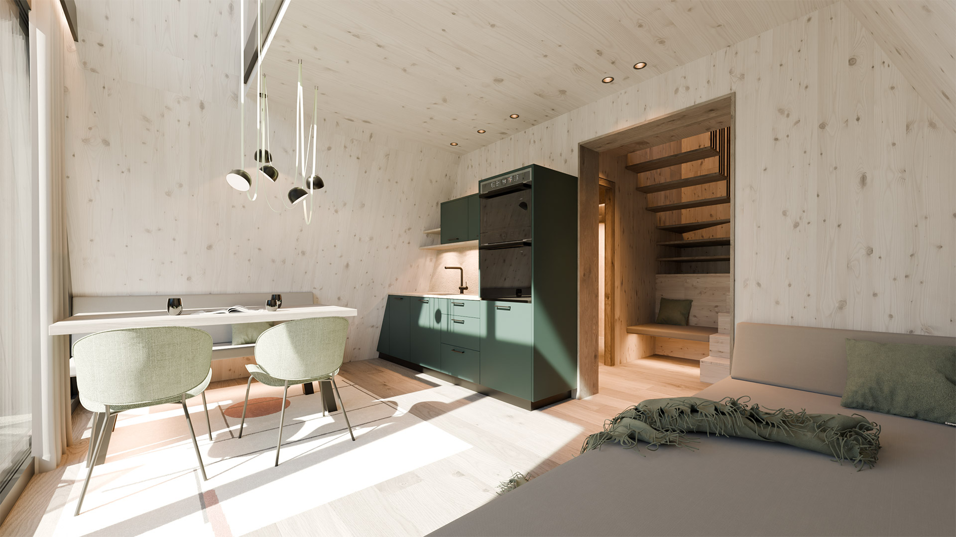 Heller Wohnbereich mit Küchenzeile, Esstisch und alpinem Holzdesign im Apartment des Fischerwirt Achensee.