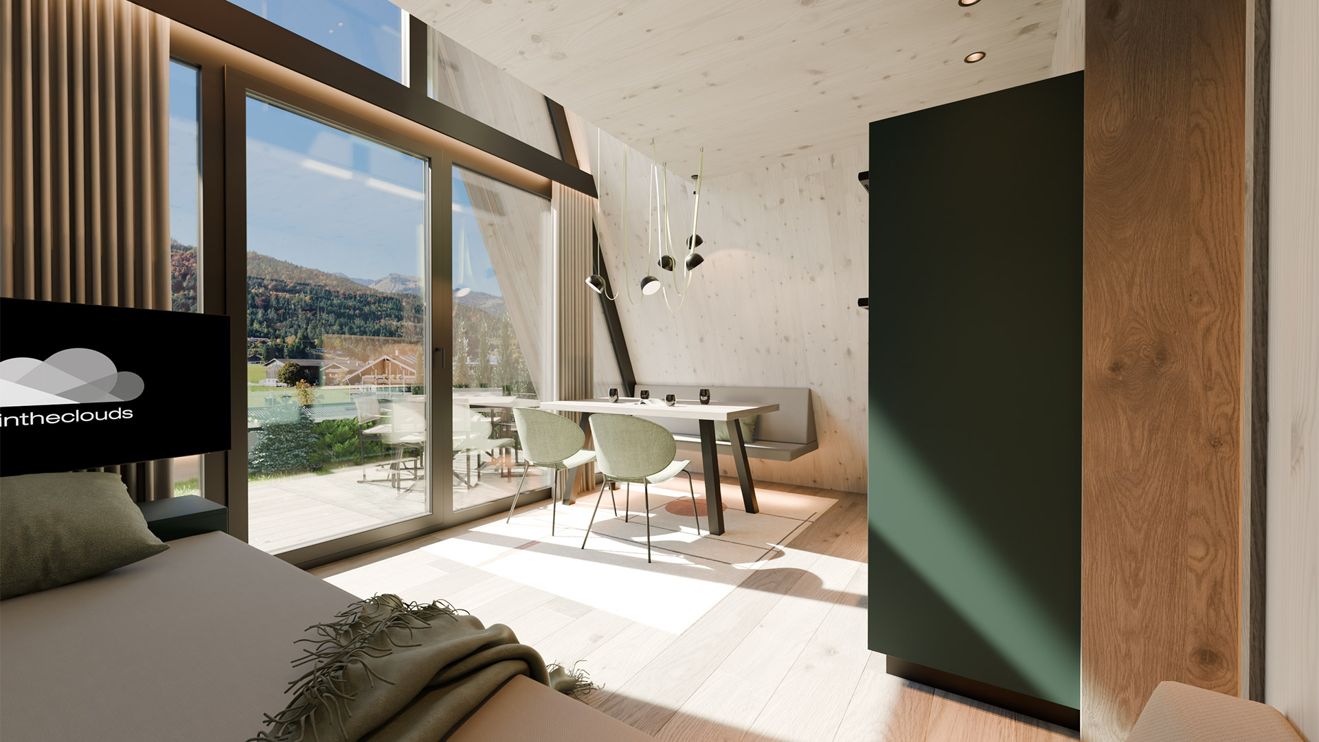 Essbereich mit Zugang zur Terrasse und Bergblick, modernes alpines Interior im Fischerwirt Achensee.