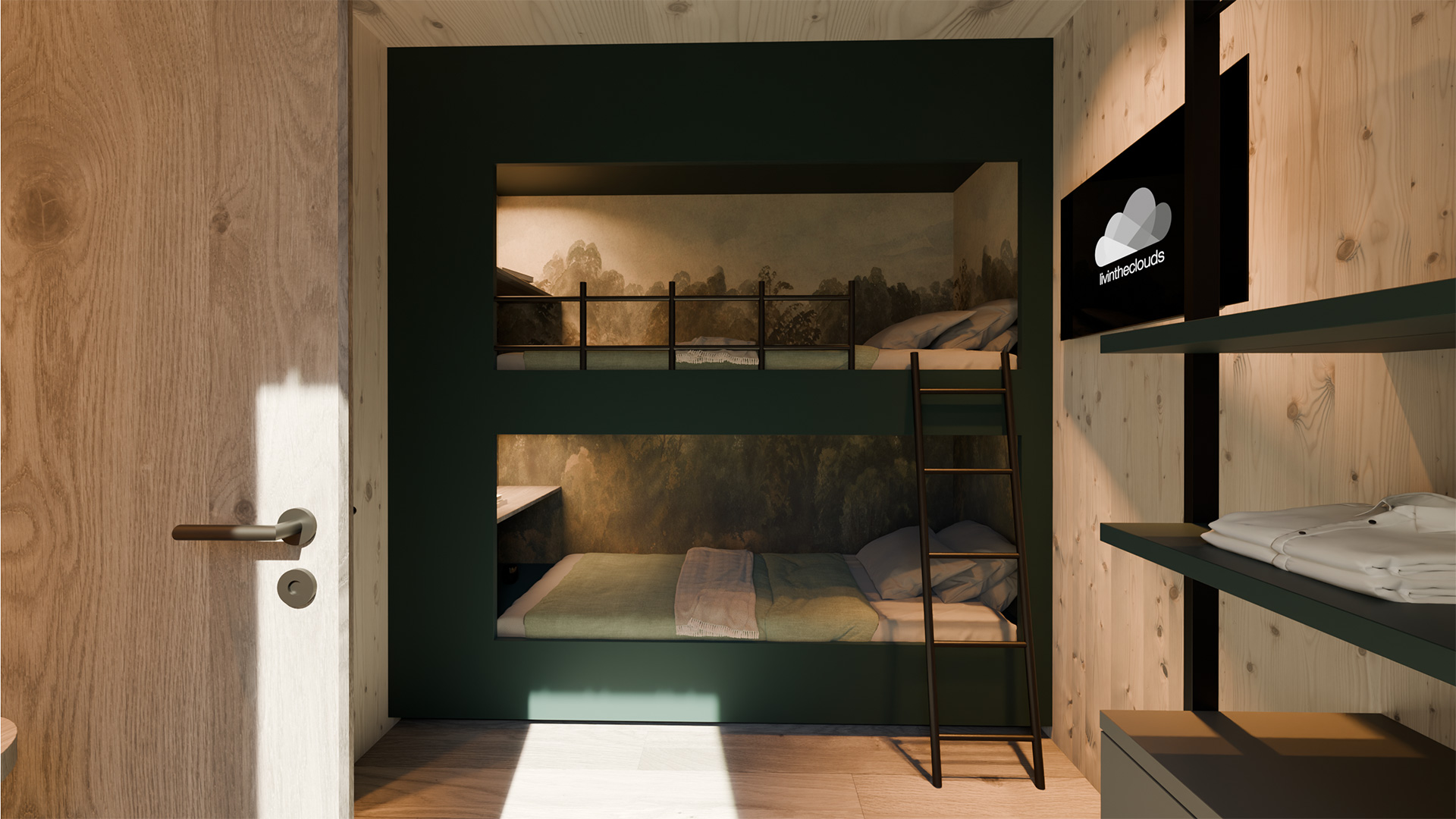 Gemütliche Schlafnische mit Etagenbett aus Holz, indirekter Beleuchtung und naturinspirierter Wandgestaltung im Hotel Fischerwirt am Achensee.